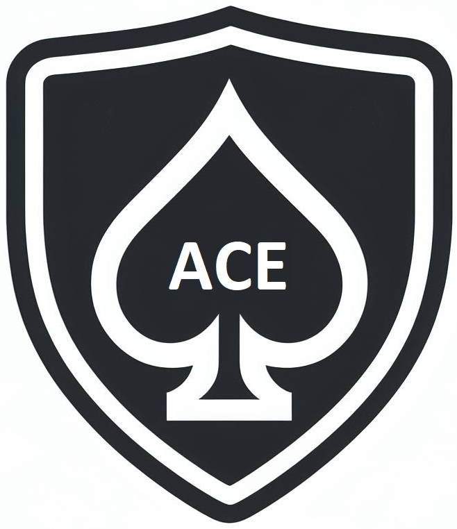 ACE's minimalistic, icon-like logo: A black shield on white background with a spade in it. In the spade the are the letters ACE.